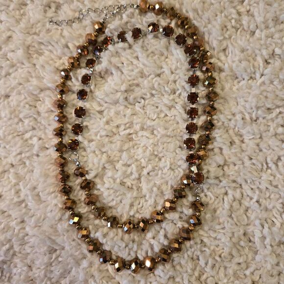 NWOT  Bronze Faceted Bead + Amber Rhinestone Necklace Long - Picture 1 of 7